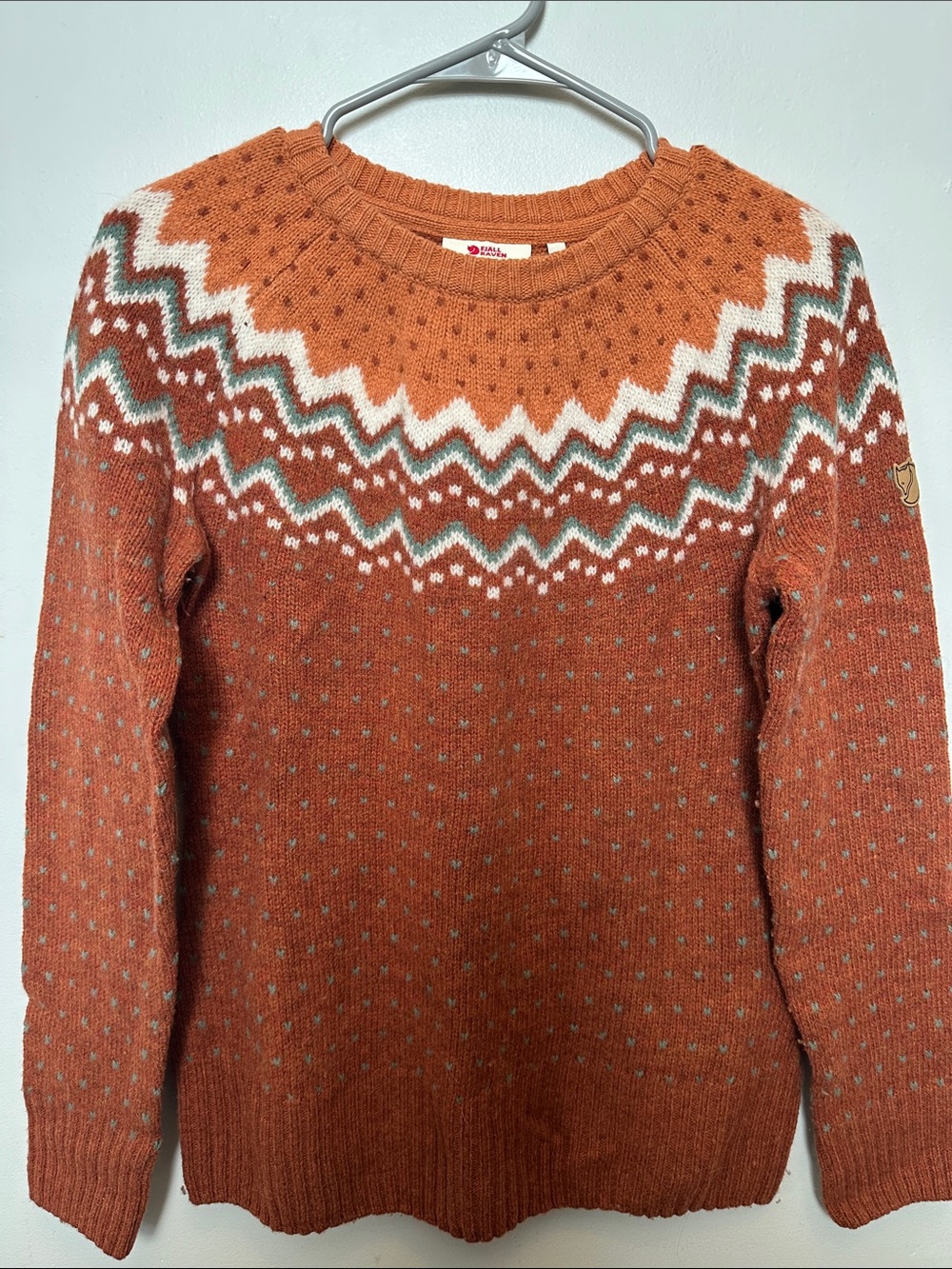 Fjallraven Rust Orange Fair Isle Crewneck with White & Green Accents Small
